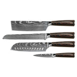 Damascus Print 4-Piece Knife Set - Santoku + Bread Knife + Nakiri + Paring Knife