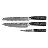 Damascus Print Epoxy Onyx 3-Piece Knife Set - Chef's Knife + Bread Knife + Paring Knife