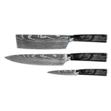 Damascus Print Epoxy Onyx 3-Piece Knife Set - Chef's Knife + Nakiri + Paring Knife