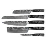 Damascus Print Epoxy Onyx 5-piece Knife Set - Chef's Knife + Bread Knife + Nakiri + Small Santoku + Paring Knife