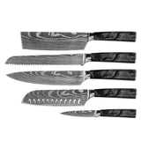 Damascus Print Epoxy Onyx 5-piece Knife Set - Chef's Knife + Bread Knife + Nakiri + Santoku + Paring Knife