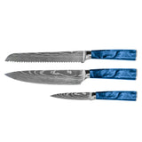 Damascus Print Epoxy Sapphire 3-Piece Knife Set - Chef's Knife + Bread Knife + Paring Knife