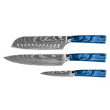 Damascus Print Epoxy Sapphire 3-Piece Knife Set - Chef's Knife + Santoku + Paring Knife