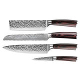Hammered Stainless Steel 4-Piece Knife Set - Chef's Knife + Bread Knife + Nakiri + Paring Knife