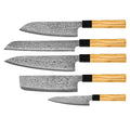 Takumi Kaza 5-piece Damascus Knife Set - Chef's Knife + Bread Knife + Nakiri + Santoku + Paring Knife