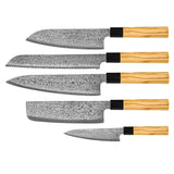 Takumi Kaza 5-piece Damascus Knife Set - Chef's Knife + Bread Knife + Nakiri + Santoku + Paring Knife