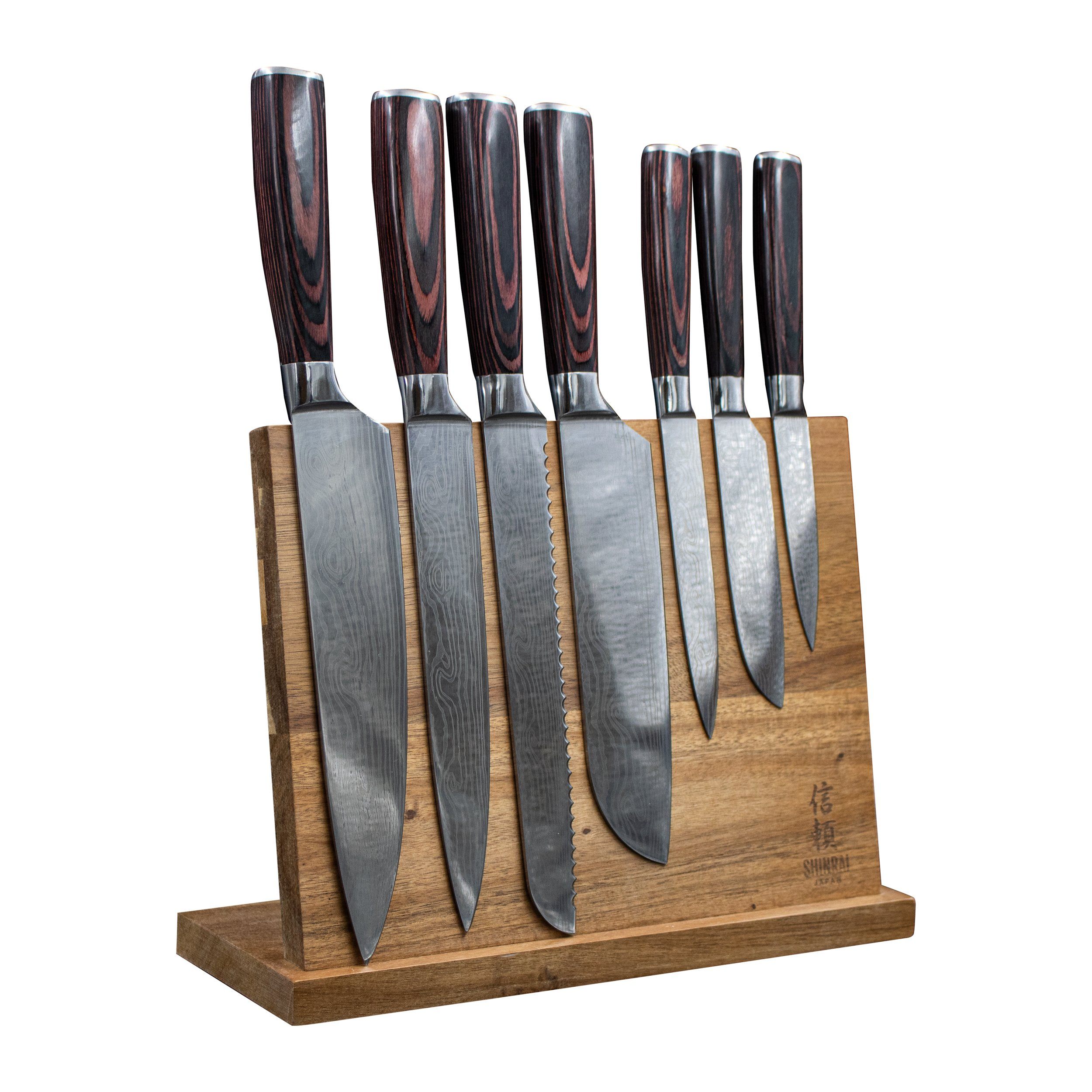 16-piece Natural Acacia Wood Knife Block Set Damascus Pattern Chef