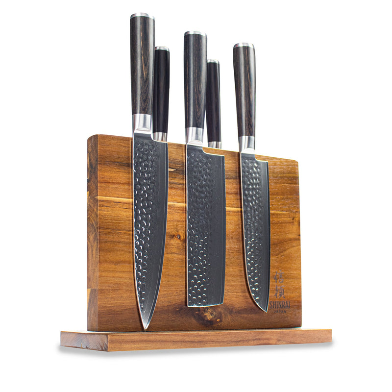 Hammered Damast BR 5-delige Damascus Messenset + Acacia houder dubbelzijdig Messensets Shinrai Japan