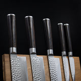 Hammered Damast BR 5-delige Damascus Messenset + Acacia houder dubbelzijdig Messensets Shinrai Japan