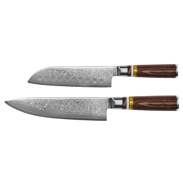Micarta Jewels 2-Piece Damascus Knife Set - Chef's Knife + Santoku