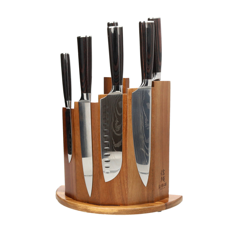 Shinrai Knives - Damascus Print 7-piece Knife Set + Magnetic Knife Block Scalae - Acacia wood