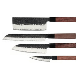 Shinrai Knives - Kurayami 4-piece Damascus Knife Set - Santoku + Bread Knife + Nakiri + Paring Knife