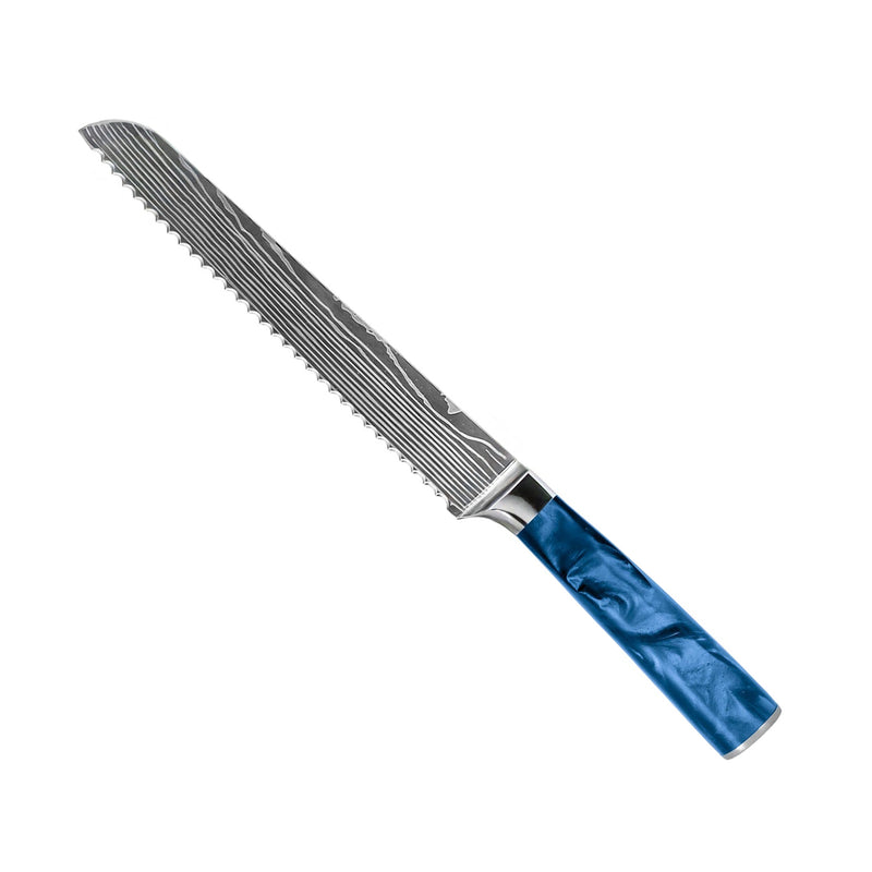Damascus Print Epoxy Sapphire 4-piece Knife Set - Santoku + Bread Knife + Nakiri + Paring Knife