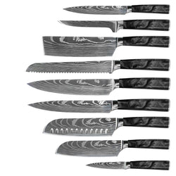 EPOXY ONYX 9 PIECE DAMASCUS PRINT KNIFE SET + ACACIA HOLDER DOUBLE SIDED