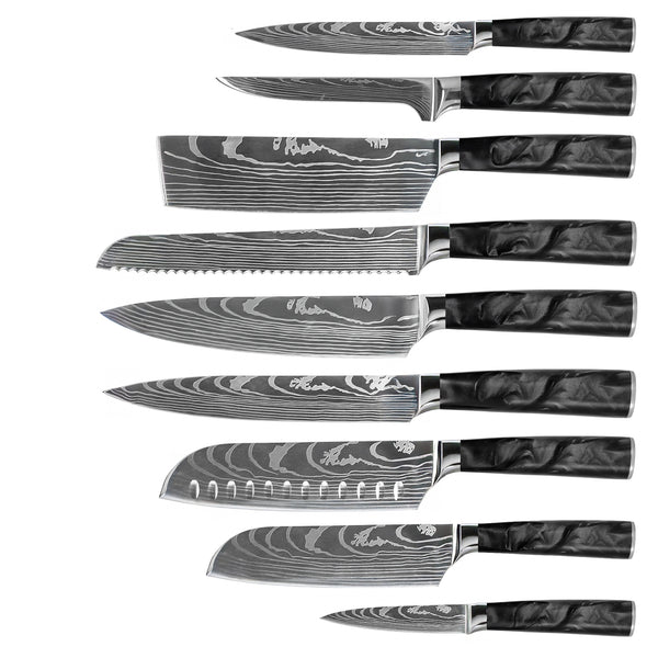EPOXY ONYX 9 PIECE DAMASCUS PRINT KNIFE SET + ACACIA HOLDER DOUBLE SIDED