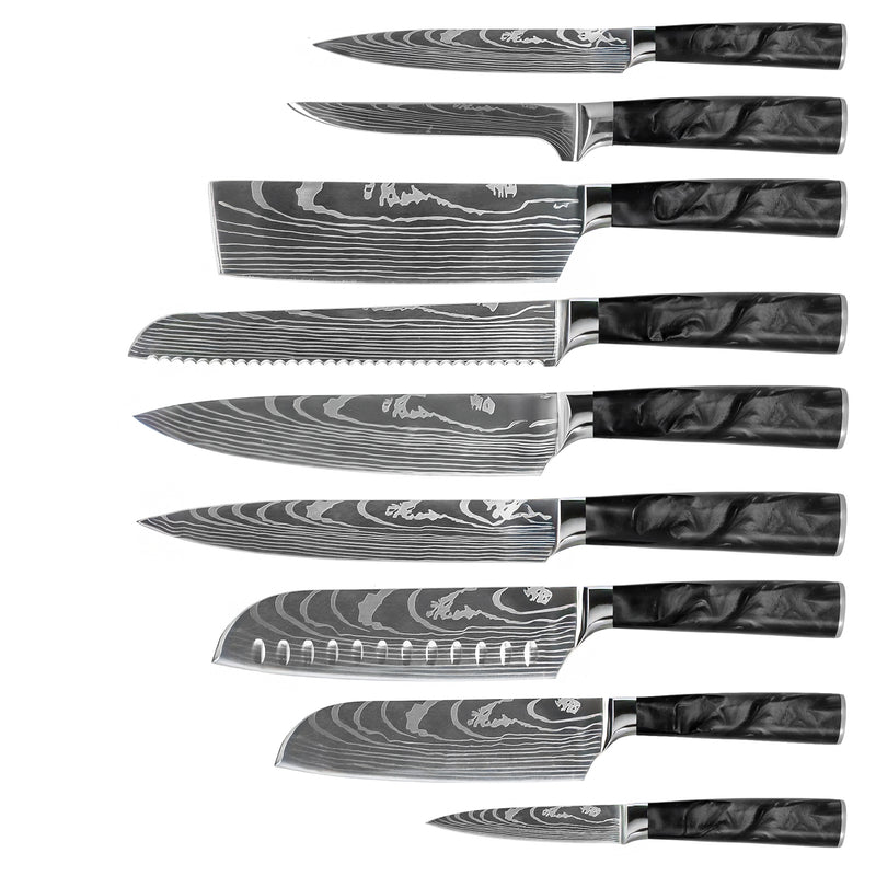 EPOXY ONYX 9-PIECE DAMASCUS PRINT KNIFE SET + ACACIA HOLDER
