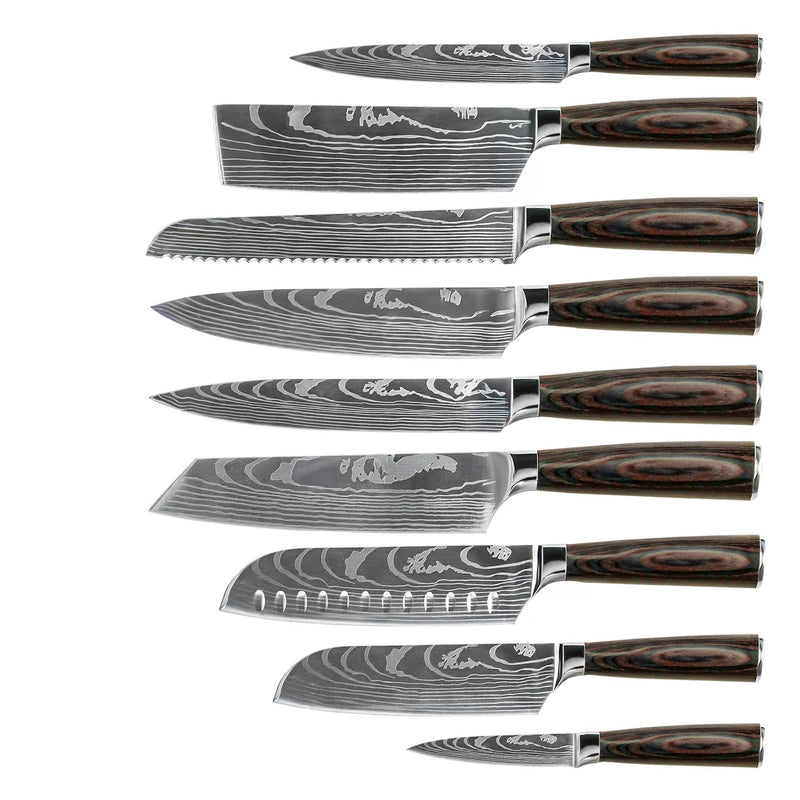 KNIFE SET DAMASCUS PRINT 9-PIECE + ACACIA HOLDER