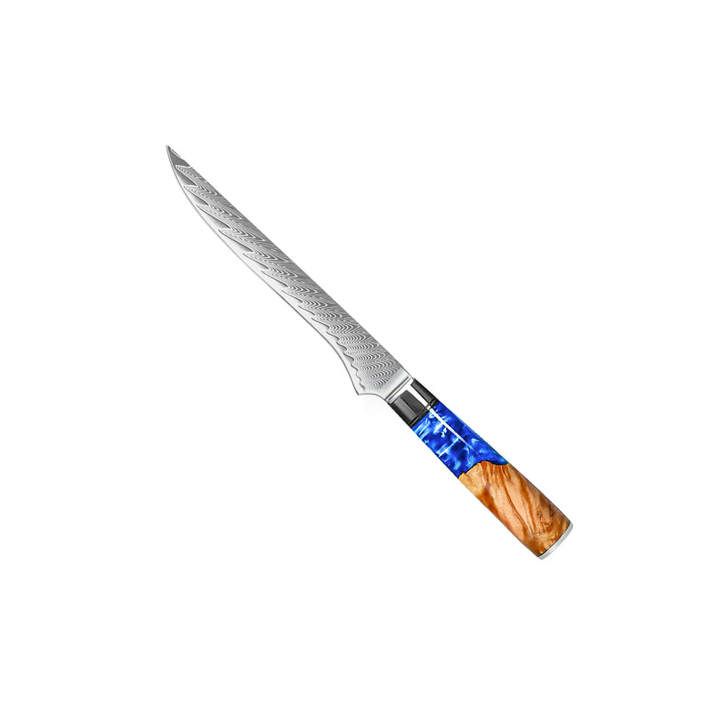 EPOXY SAPPHIRE 6-PIECE DAMASCUS KNIFE SET + ACACIA HOLDER SINGLE SIDED