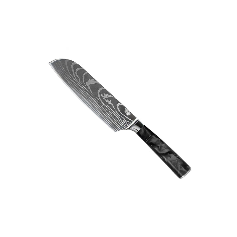 Damascus Print Epoxy Onyx 5-piece Knife Set - Chef's Knife + Bread Knife + Nakiri + Small Santoku + Paring Knife