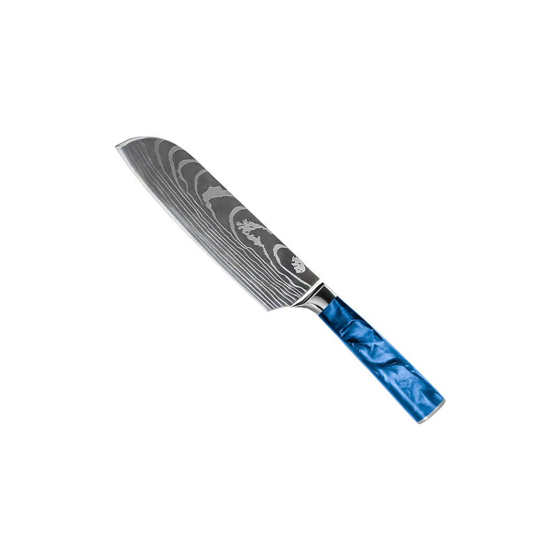 Damascus Print Epoxy Sapphire 5-Piece Knife Set - Chef's Knife + Bread Knife + Nakiri + Small Santoku + Paring Knife