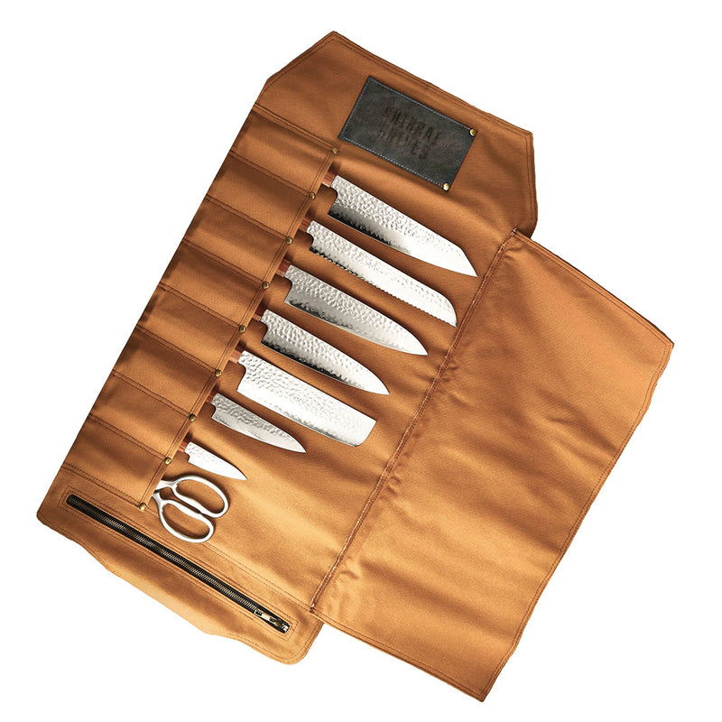 Premium Canvas &amp; Leather Knife Roll, Brown