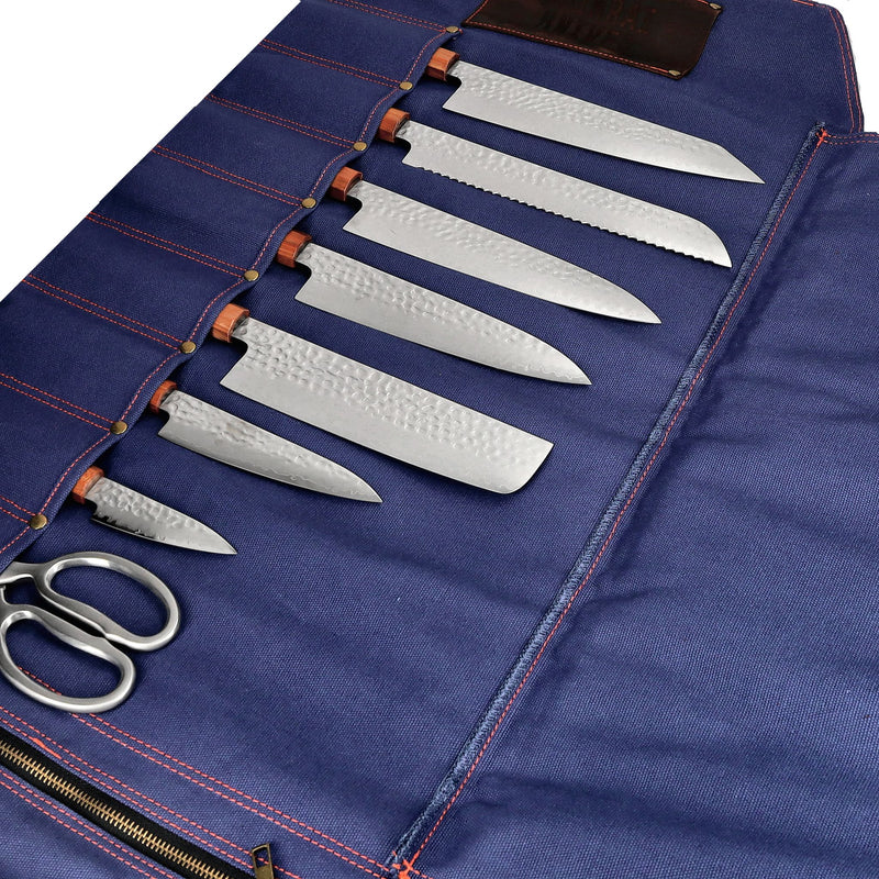 Premium Canvas & Leather Knife Roll, Dark Blue