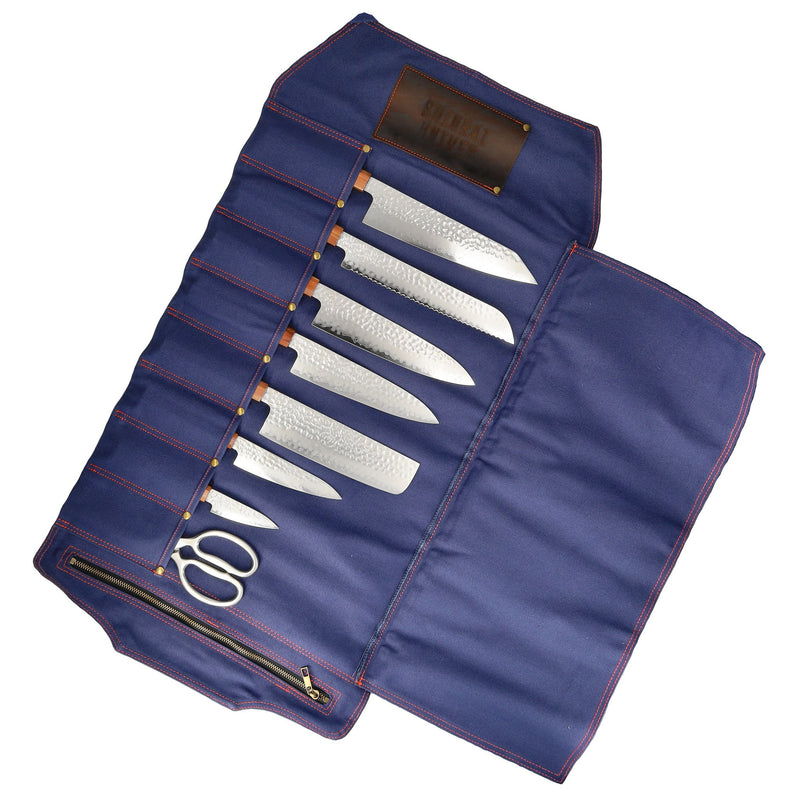 Premium Canvas & Leather Knife Roll, Dark Blue