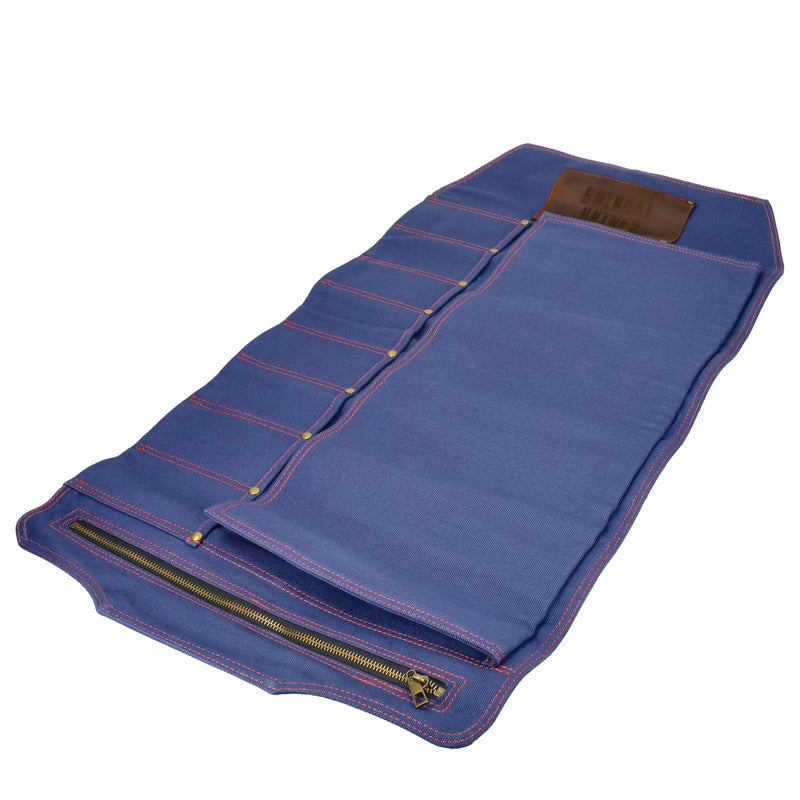 Premium Canvas & Leather Knife Roll, Dark Blue