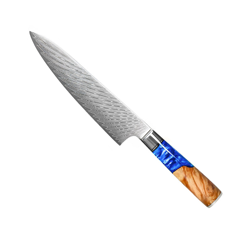EPOXY SAPPHIRE 6-PIECE DAMASCUS KNIFE SET + ACACIA HOLDER SINGLE SIDED