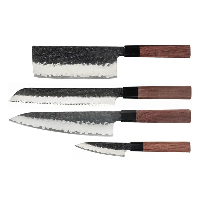 Kurayami 4-Piece Damascus Knife Set - Chef's Knife + Bread Knife + Nakiri + Paring Knife