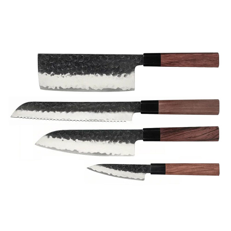 Kurayami 4-piece Damascus Knife Set - Santoku + Bread Knife + Nakiri + Paring Knife