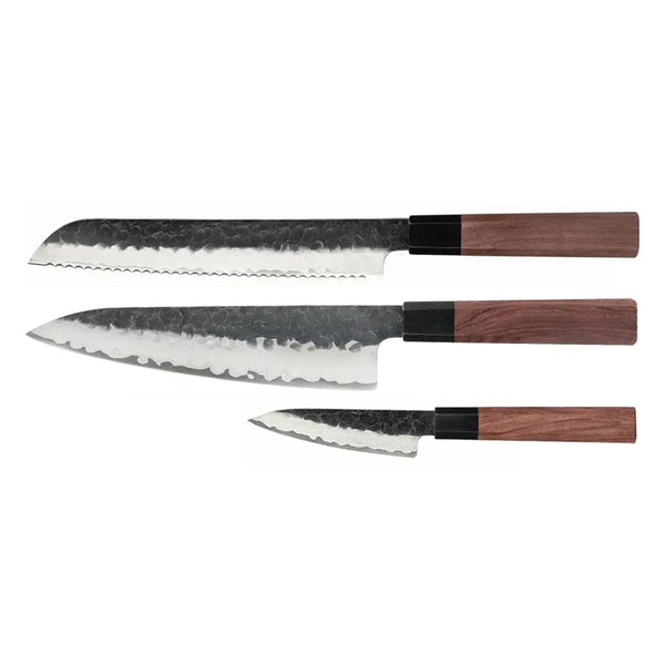 Kurayami 3-Piece Damascus Knife Set - Chef's Knife + Bread Knife + Paring Knife