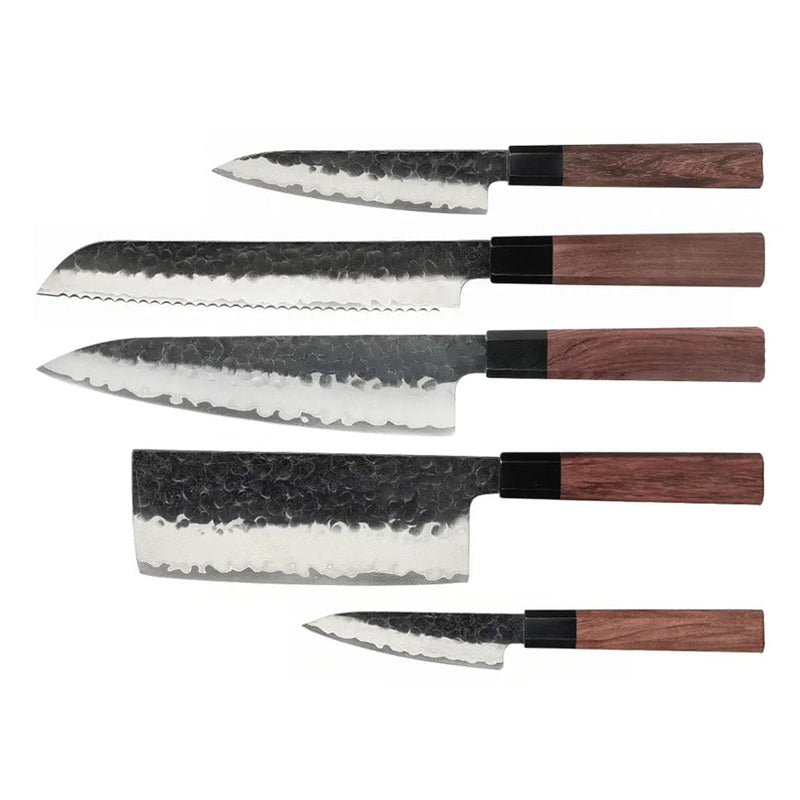 Kurayami 5-Piece Damascus Knife Set - Chef's Knife + Bread Knife + Nakiri + Office Knife + Paring Knife