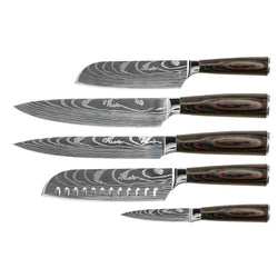 KNIFE SET DAMASCUS PRINT 5 PIECES + ACACIA HOLDER SINGLE SIDED