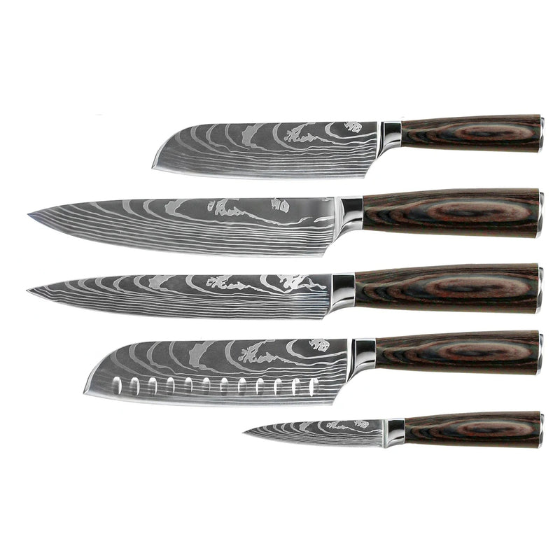 KNIFE SET DAMASCUS PRINT 5 PIECES + ACACIA HOLDER SINGLE SIDED