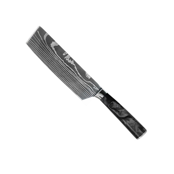 Damascus Print Epoxy Onyx 5-piece Knife Set - Chef's Knife + Bread Knife + Nakiri + Santoku + Paring Knife