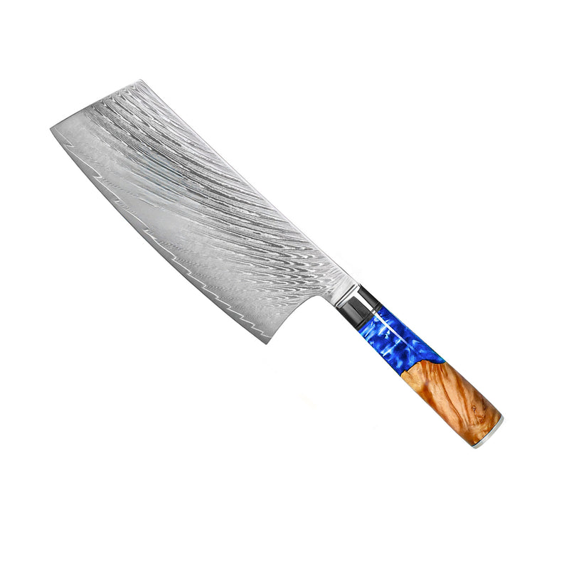 Epoxy Sapphire 3-piece Damascus Knife Set - Chef's Knife + Nakiri + Santoku