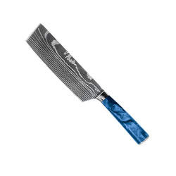 Damascus Print Epoxy Sapphire 5-Piece Knife Set - Chef's Knife + Bread Knife + Nakiri + Santoku + Paring Knife