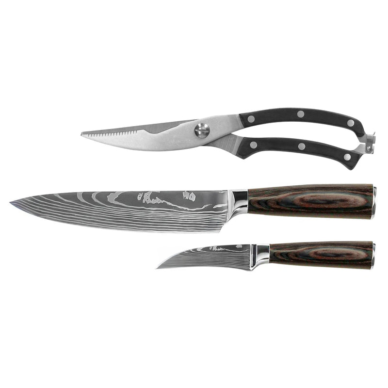 Shinrai Knives - Damascus Print 3-Piece Outdoor Knife Set