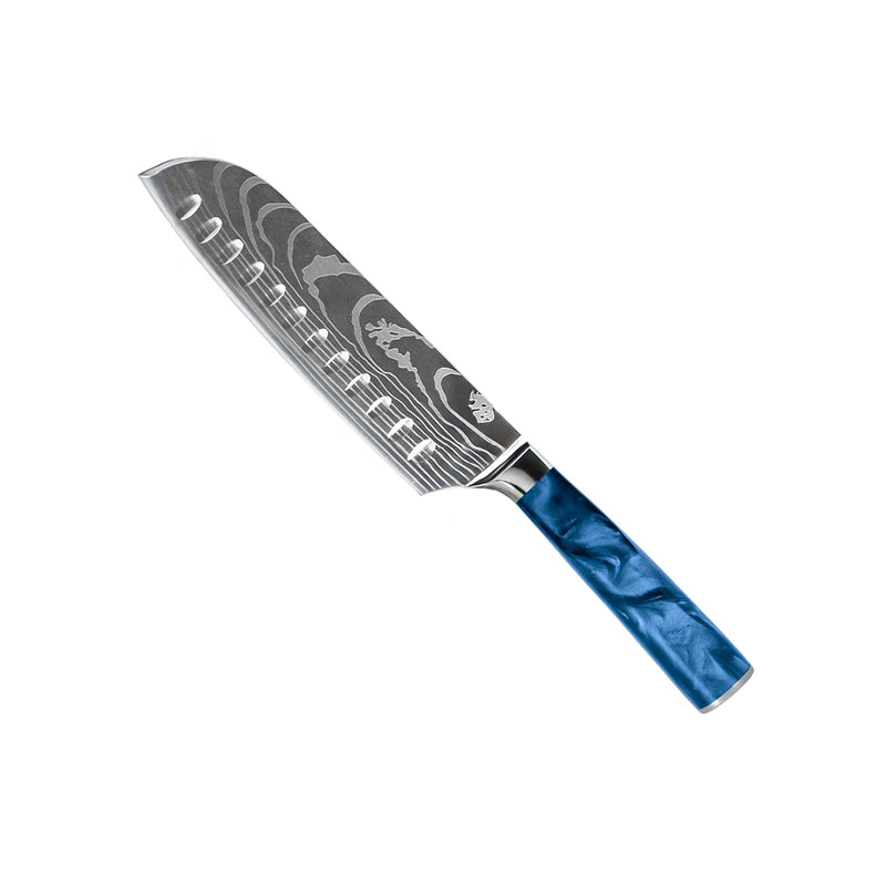 EPOXY SAPPHIRE 6 PIECE DAMASCUS PRINT KNIFE SET + ACACIA HOLDER DOUBLE SIDED