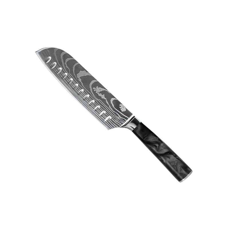 Damascus Print Epoxy Onyx 5-piece Knife Set - Chef's Knife + Bread Knife + Nakiri + Santoku + Paring Knife