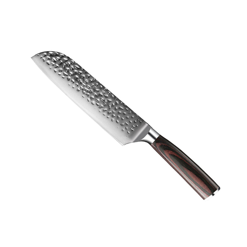 HAMMERED STAINLESS STEEL 6-PIECE KNIFE SET + ACACIA HOLDER DOUBLE SIDED