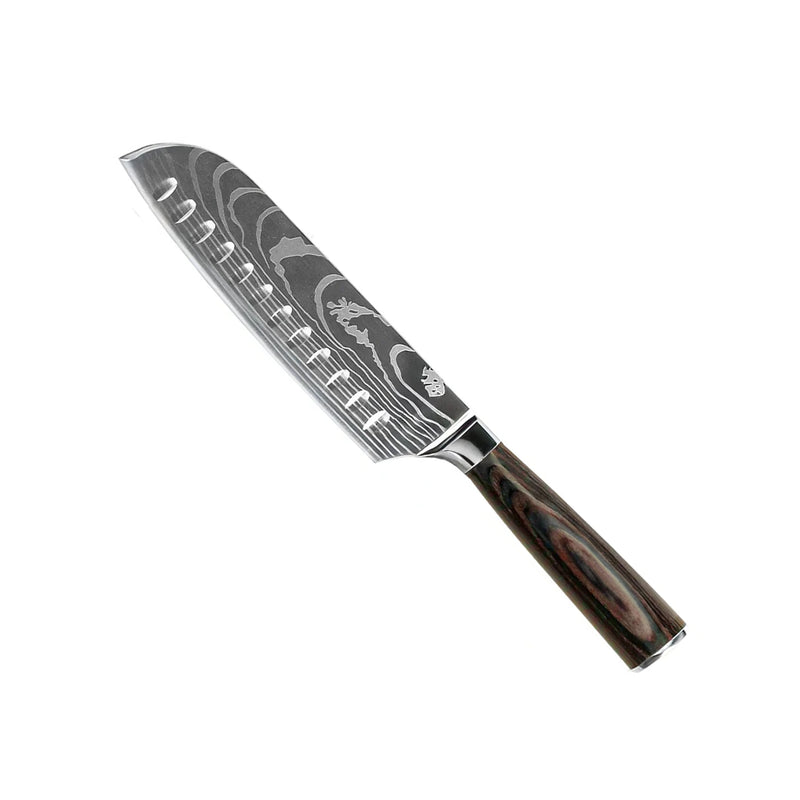 KNIFE SET DAMASCUS PRINT 7-PIECE + ACACIA HOLDER