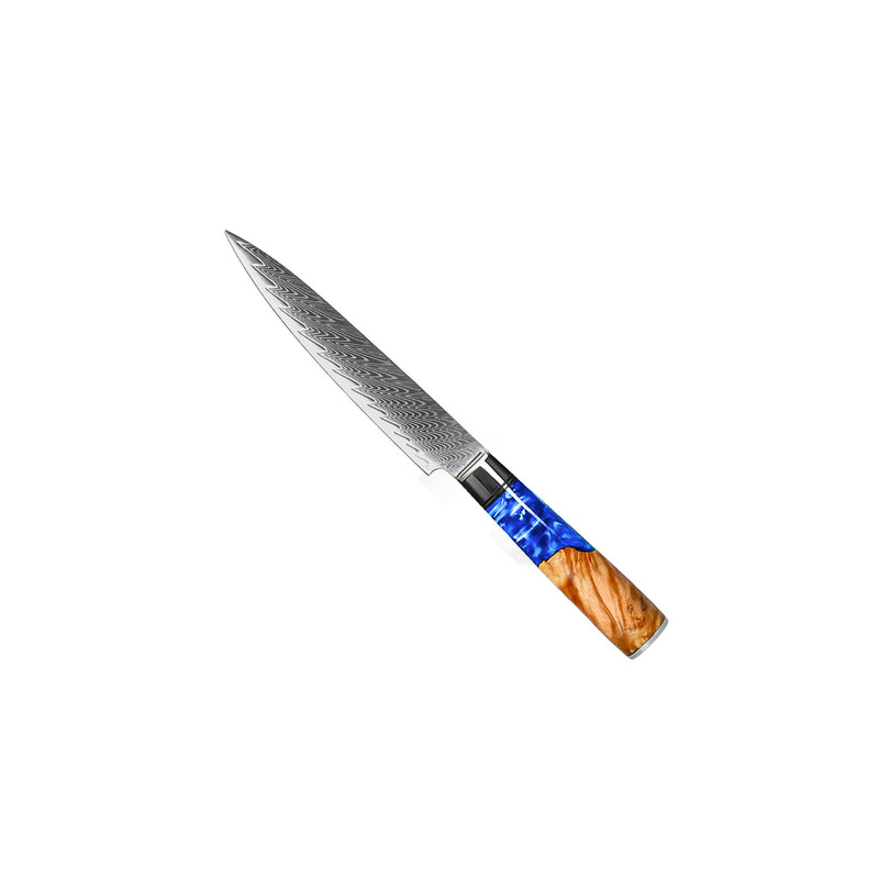 EPOXY SAPPHIRE 6-PIECE DAMASCUS KNIFE SET + ACACIA HOLDER SINGLE SIDED