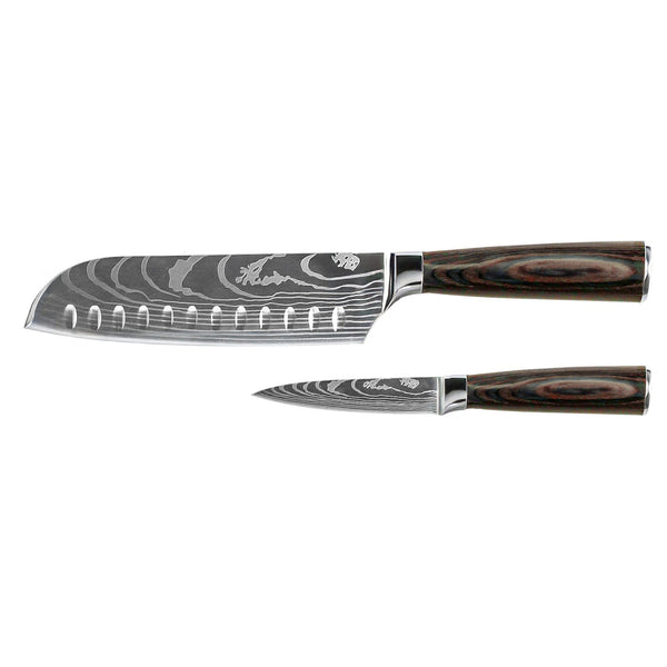 Damascus Print 2-Piece Knife Set - Santoku + Paring Knife