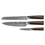 Damascus Print 3-Piece Knife Set - Chef's Knife + Bread Knife + Paring Knife