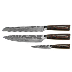 Damascus Print 3-Piece Knife Set - Chef's Knife + Bread Knife + Paring Knife