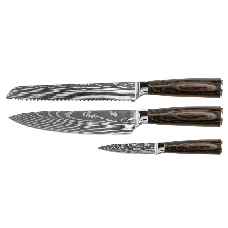 Damascus Print 3-Piece Knife Set - Chef's Knife + Bread Knife + Paring Knife
