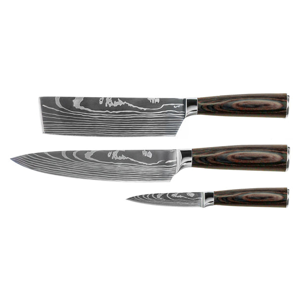 Damascus Print 3-Piece Knife Set - Chef's Knife + Nakiri + Paring Knife
