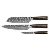 Damascus Print 3-Piece Knife Set - Chef's Knife + Santoku + Paring Knife